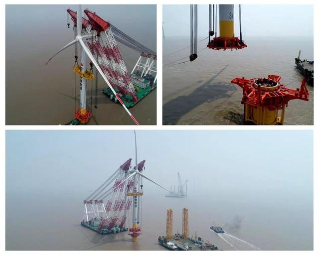 海上單樁基礎(chǔ)風(fēng)電機組通過吊裝作業(yè)完成整體